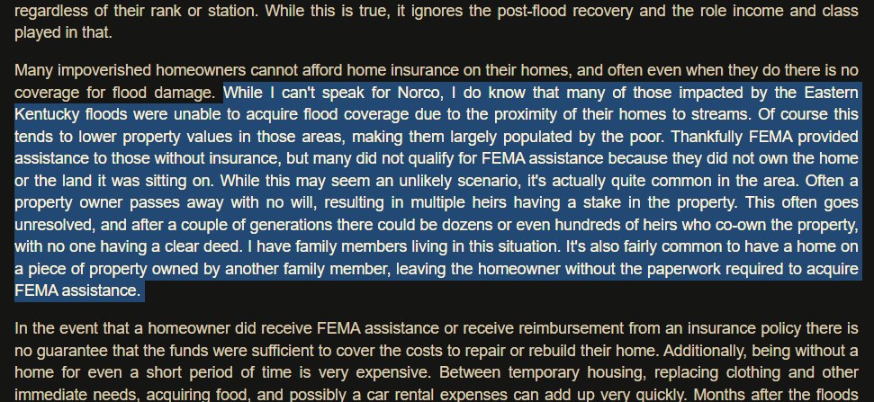 Louisiana ppl should read this one. Goes into detail about industry and flooding in Eastern KY and its parallels with LA, complete with the ways in which you can get screwed out of insurance coverage as well as FEMA assistance post-flood. Dense with insight, strongly recommend