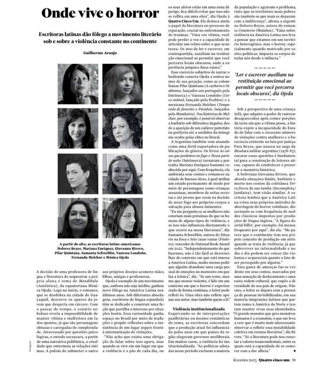 ed_incompleta's tweet photo. Matéria "Onde vive o horror", de Guilherme Araújo, publicada na última edição da revista @quatrocincoum. Giovanna Rivero conta um pouco sobre seus métodos de abordagem do horror cotidiano. Junto a ela, outras escritoras latino-americanas incríveis. Aqui:
https://t.co/de6mXcFHn0 https://t.co/ho5ATk1ggQ