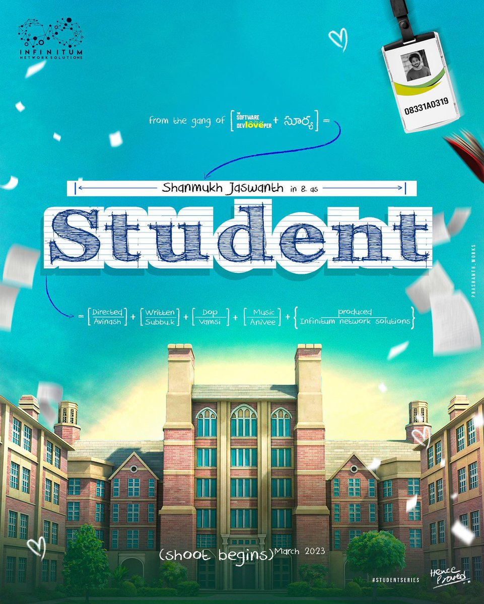 AlwaysShannu8's tweet photo. #ShanmukhJaswanth in & as STUDENT.
Dir : Avinash
Writter : Subbu
Dop : Vamsi
Produced by : #Infinitum
Shoot starts from March 😍🥳
#Shannu #StudentSeries https://t.co/Bb3FFkx0tR