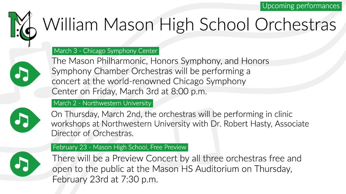 It's a very exciting time for <a href="/MasonHSOrch/">Mason Orchestras</a> 
A trip to Chicago and a free preview concert here at MHS. Make sure to mark your calendar.