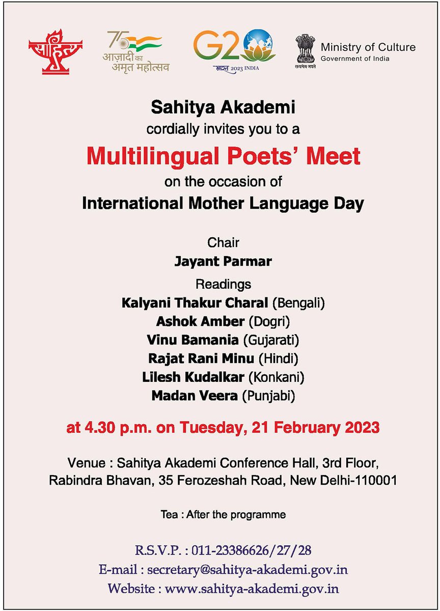 sahityaakademi's tweet photo. #साहित्यअकादेमी @ksraosahitya @PIB_India @PIBCulture @MIB_India @DDNational #InternationalMotherLanguageDay #International #Mother #Language #Multilingual #PoetsMeet #Poets #Literature #Literary #Bengali #Dogri #Gujarati #Hindi #Konkani #Punjabi #RabindraBhavan #NewDelhi https://t.co/1wzYzcAzO2