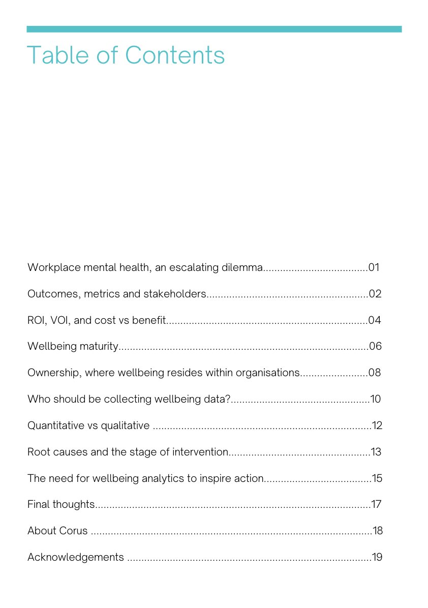 Corus_wellbeing's tweet photo. Next week we will be launching our Wellbeing Analytics report, serialising the chapters daily over two weeks from Monday.

Here are the chapters of the report that we will be featuring...

#wellbeing #analytics #hr https://t.co/LK6DEEfBRO