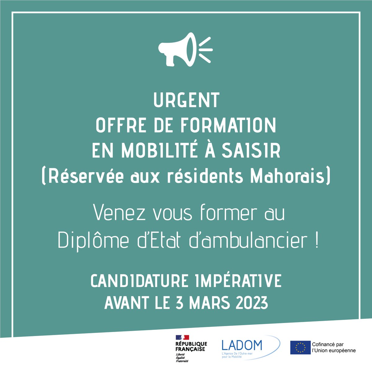 LadomOfficiel's tweet photo. 📢URGENT offre de #formation en mobilité à saisir (réservée aux résidents #Mahorais) Venez vous former au Diplôme d’Etat d’ambulancier ! https://t.co/Iis2DSEPQZ #Mayotte #offredeformation #mobilité https://t.co/7kSTHoLCJb