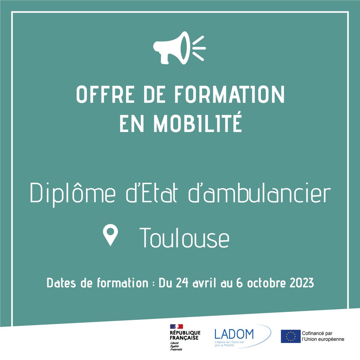 LadomOfficiel's tweet photo. 📢URGENT offre de #formation en mobilité à saisir (réservée aux résidents #Mahorais) Venez vous former au Diplôme d’Etat d’ambulancier ! https://t.co/Iis2DSEPQZ #Mayotte #offredeformation #mobilité https://t.co/7kSTHoLCJb