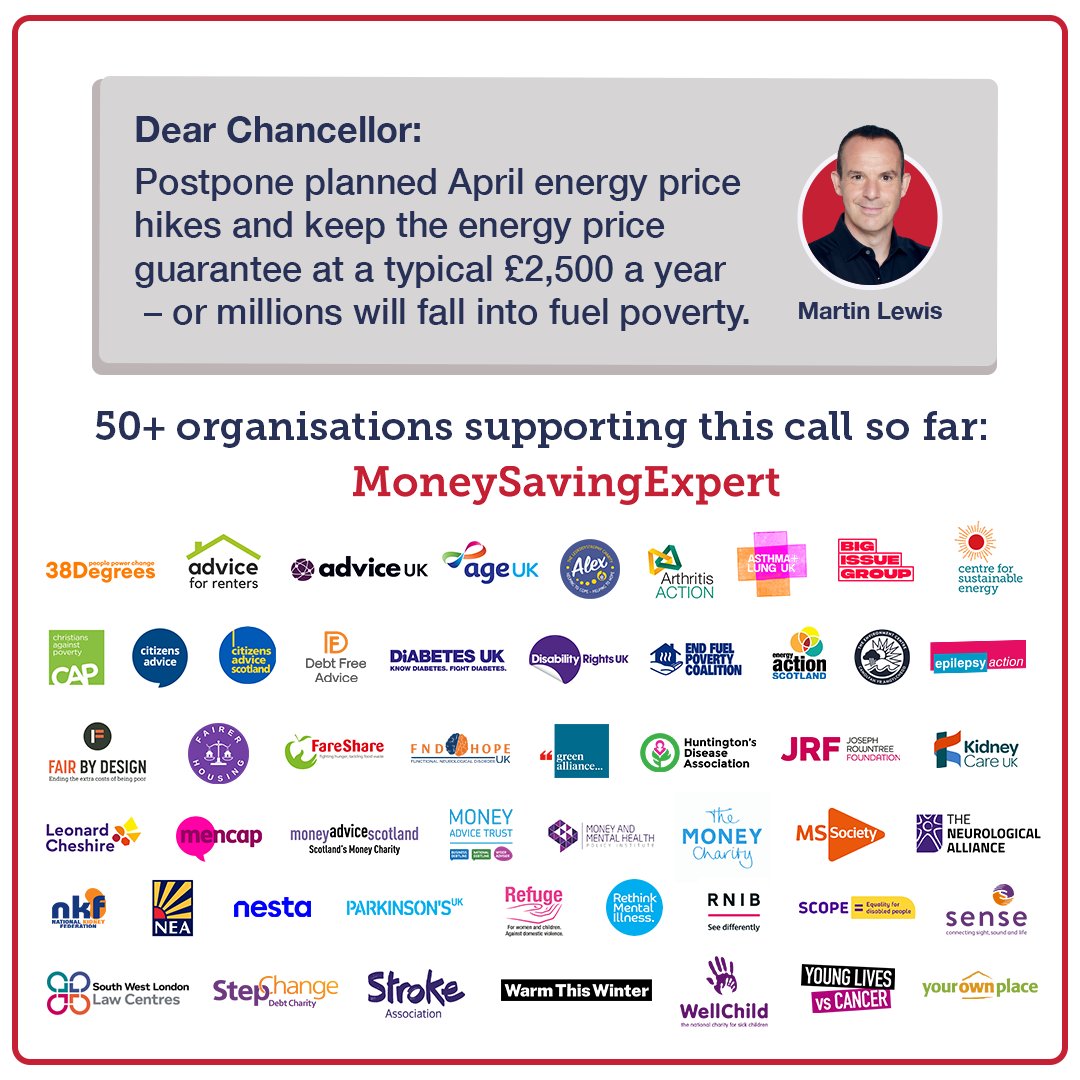 What a week. We'd like to say a massive thank you to the 50+ organisations that have now pledged their support for @MartinSLewis' call on the Chancellor to postpone his planned energy price hikes. 🧵 📢 RT if you agree 1/5