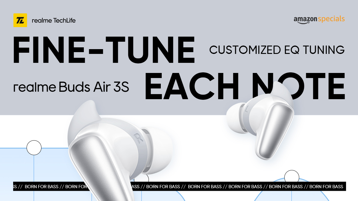 realmenarzoIN's tweet photo. Choose how each note sounds and make it just 🤌 thanks to the #realmeBudsAir3S and their Customized EQ Tuning💯

#BornForBass

Available on https://t.co/n3vAbwMAbF &amp; @amazonIN. 
Buy now: https://t.co/8EVEzy0Oie https://t.co/RGjCcOBXdl