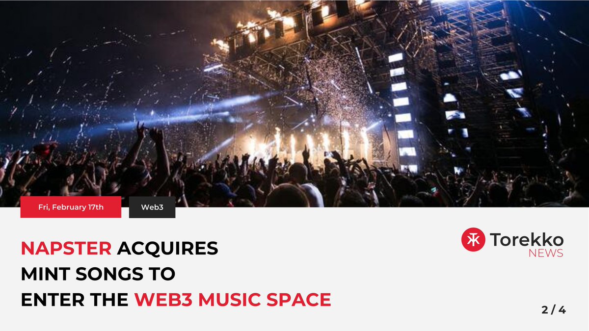 torekkonews's tweet photo. 2/4  Napster, the music streaming service, has acquired Web3 music startup Mint Songs! As part of Napster's renewed focus on the Web3 space, Mint Songs enables musicians to create NFT items and songs via the Ethereum and Polygon blockchains. 

#Napster #MintSongs #Web3 #music https://t.co/IySYjZqClB