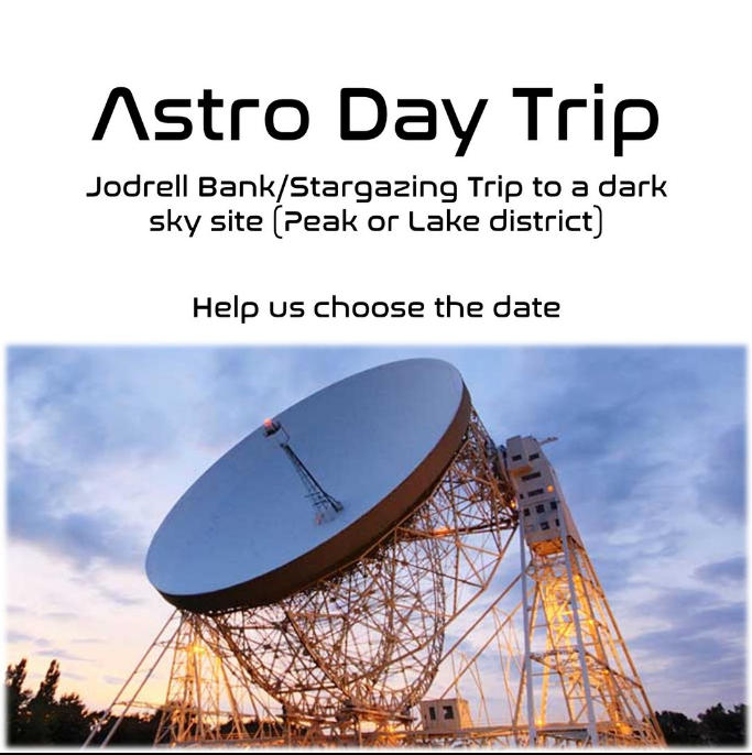 UoMAstroSoc's tweet photo. We want to organise a trip to either an observatory - Jodrell Bank - or a dark sky site - Peak District or Lake District etc. It's probably going to be on a weekend. Help us decide the date!😎
Fill in the form here:
https://t.co/xCODHXFalI https://t.co/P1gsx6A8vv