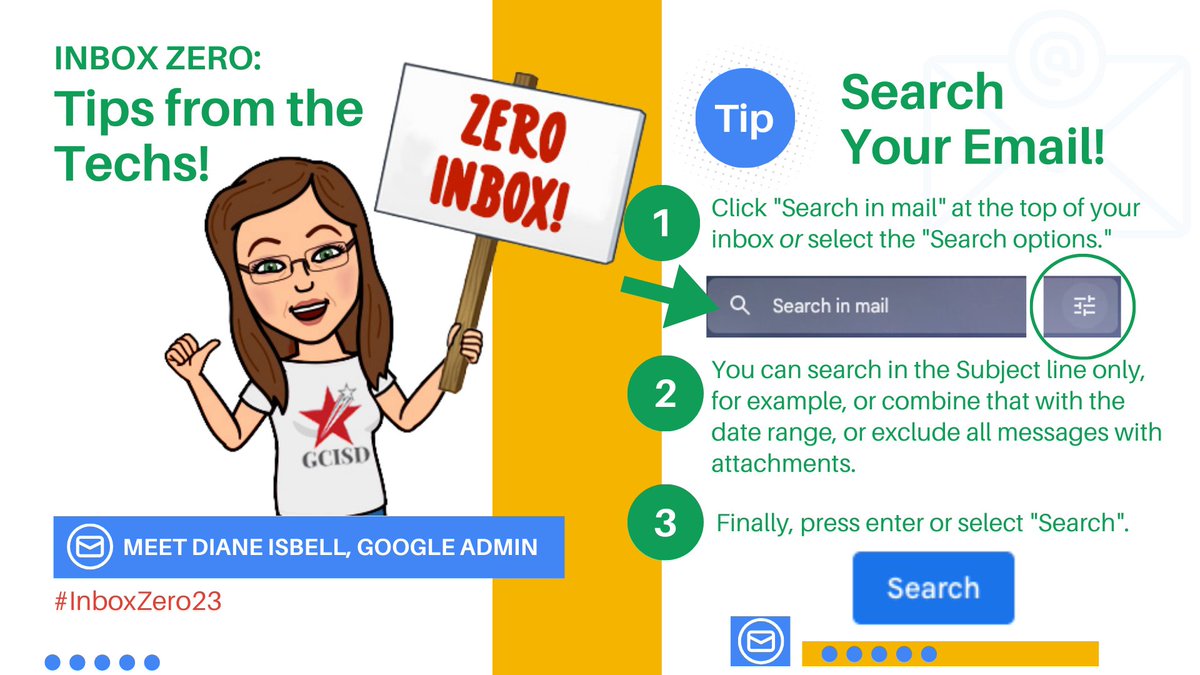 GCISDigital's tweet photo. 📍Inbox Zero wisdom straight from the halls of the @GCISD technology department!
❓Diane's Tip of the Day: Search Your Email!
📧 Follow our series #InboxZero23 to tidy your tech mailbox! 
‼️ Want more? Click the link!
#NTXDigital @EdtechHeb @EdTechKISD
https://t.co/b4Z81Y49PH https://t.co/jJalm7QC5u
