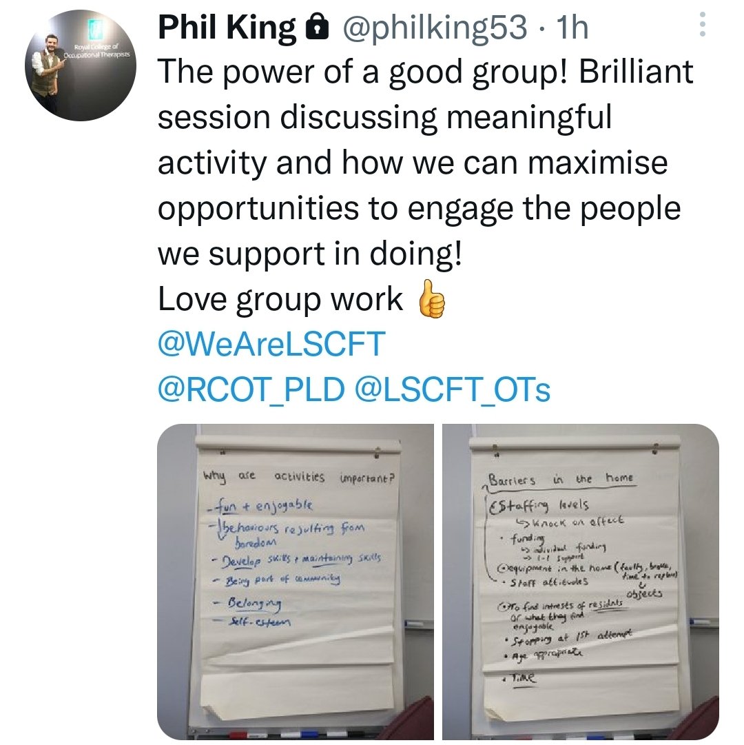 hsbannister's tweet photo. Thank you, @philking53 & the team, for enhancing our Learning Disability Occupational Therapy community offer across Lancashire & SC. A meaningful activity workshop for service providers to enhance skills & support people #powerofdoing @helenlou7 @ChrisHutchRNLD https://t.co/NRLWsr1EYc