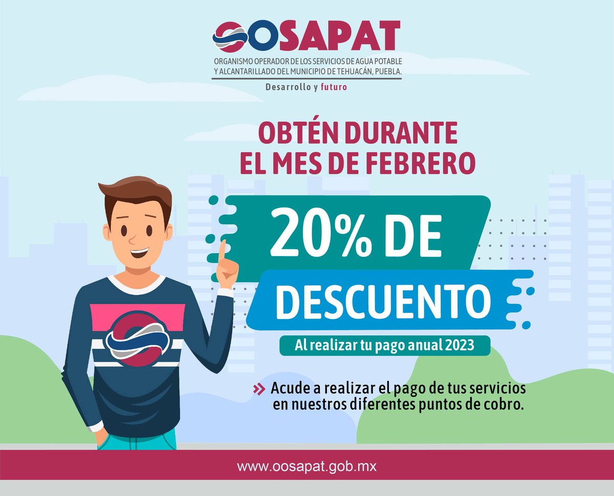 OOSAPAT1's tweet photo. Durante el mes de febrero paga tu servicio anual 2023 con el 20% de descuento. 💧💧
#DesarrolloYFuturo #OOSAPAT https://t.co/rwhEpwRLTY