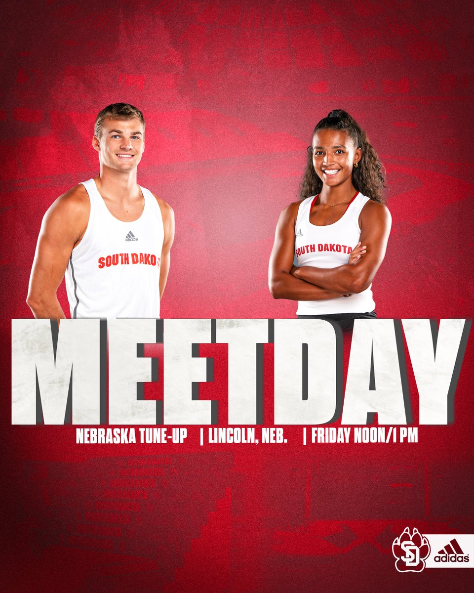 MEET DAY!

🆚: Nebraska Tune-Up
🏟️: Devaney Center (Lincoln, Neb.)
⌚️: Noon FE/1 p.m. running
📺: bit.ly/3KikQse
📊: bit.ly/3IxAOxh
📰: yote.us/3k6HOYE

#WeAreSouthDakota | #GoYotes 🐾