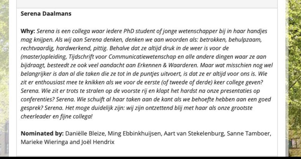 SerenaDaalmans's tweet photo. Zeer vereerd dat ik door mijn jonge collega's genomineerd was voor de 'Recognizes and Rewards' prijs van de @RadboudYA.

De dingen die ze noemen vind ik niet meer dan normaal, maar toch speciaal om er voor in het zonnetje gezet te worden. 

#trots #dankbaar #inhetzonnetje https://t.co/rGwqswz4lP