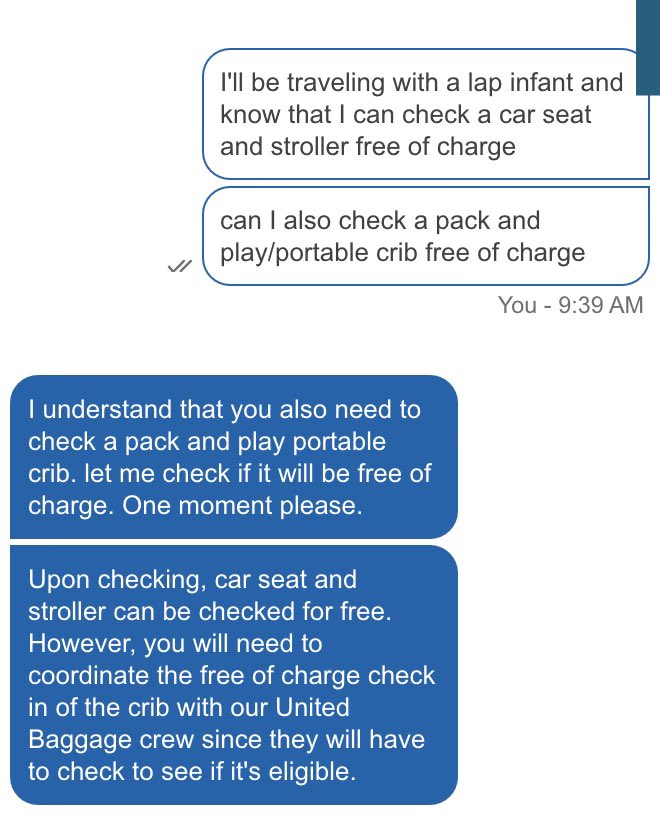 dont_HASSELL_me's tweet photo. your chat is entirely unhelpful, @united. I’d really like to know if I can check my pack and play for free BEFORE going to the airport. please advise. https://t.co/HAUnz48EdK