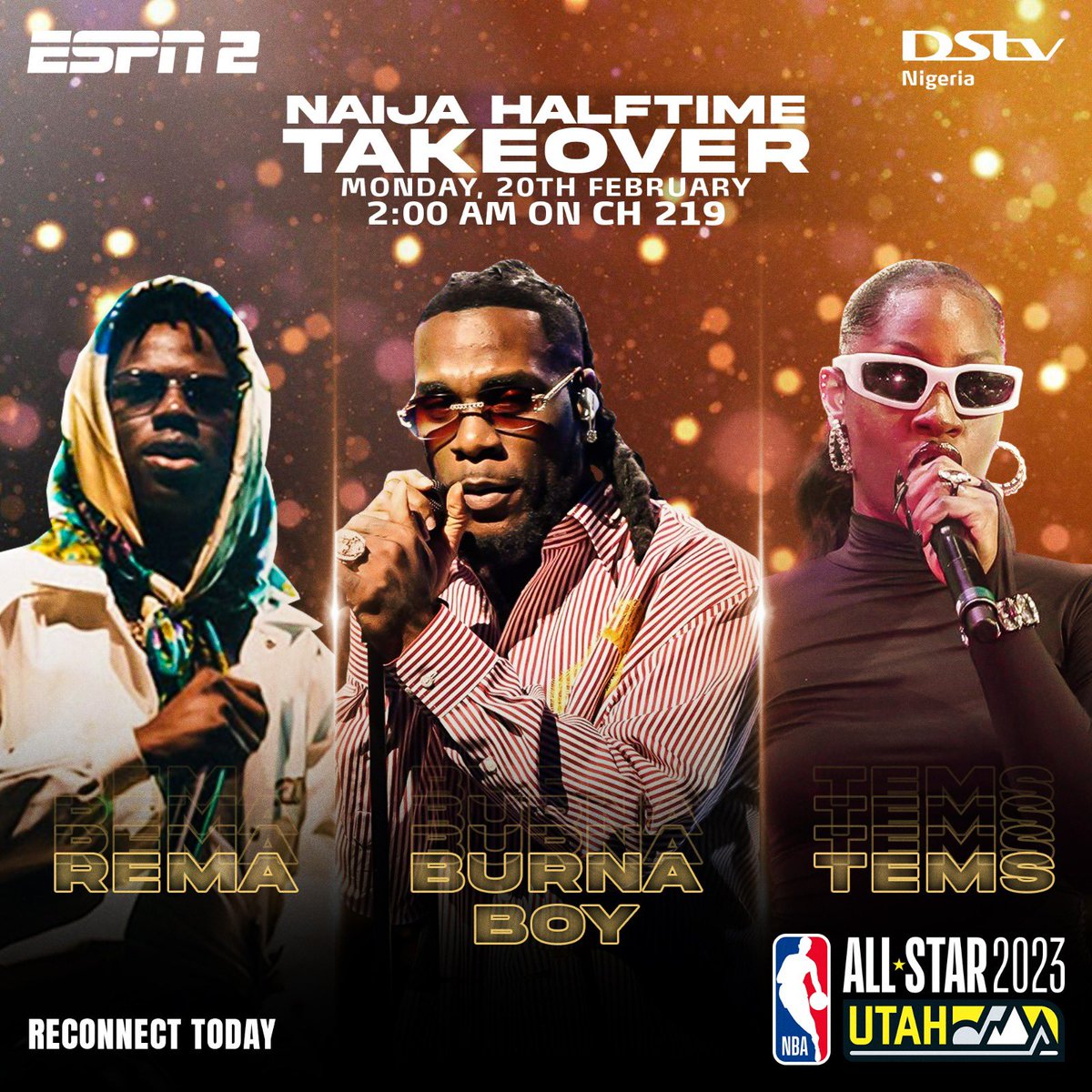 Hayomide_1's tweet photo. Naija Halftime Takeover starts on the Monday , 20 February on DStv Ch 219 at 2am

Join Rema , Burna Boy and Tems on the show 

Dont miss it 
Reconnect today 
#DStvStepUp https://t.co/u6ohn7j5eJ
