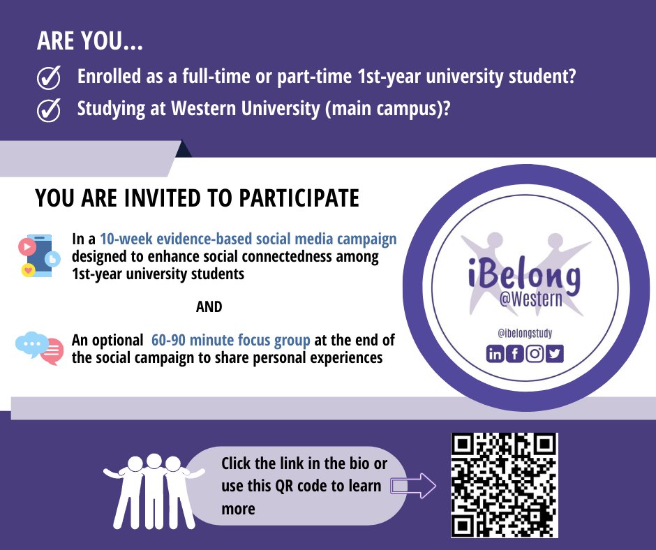 Attention 1st-year @WesternU university students! You are invited to take part in a 10-week #socialmediacampaign called “iBelong@Western”, designed to enhance #socialconnectedness and #belonging among 1st-year #universitystudents. Click to learn more!: uwo.eu.qualtrics.com/jfe/form/SV_7U…