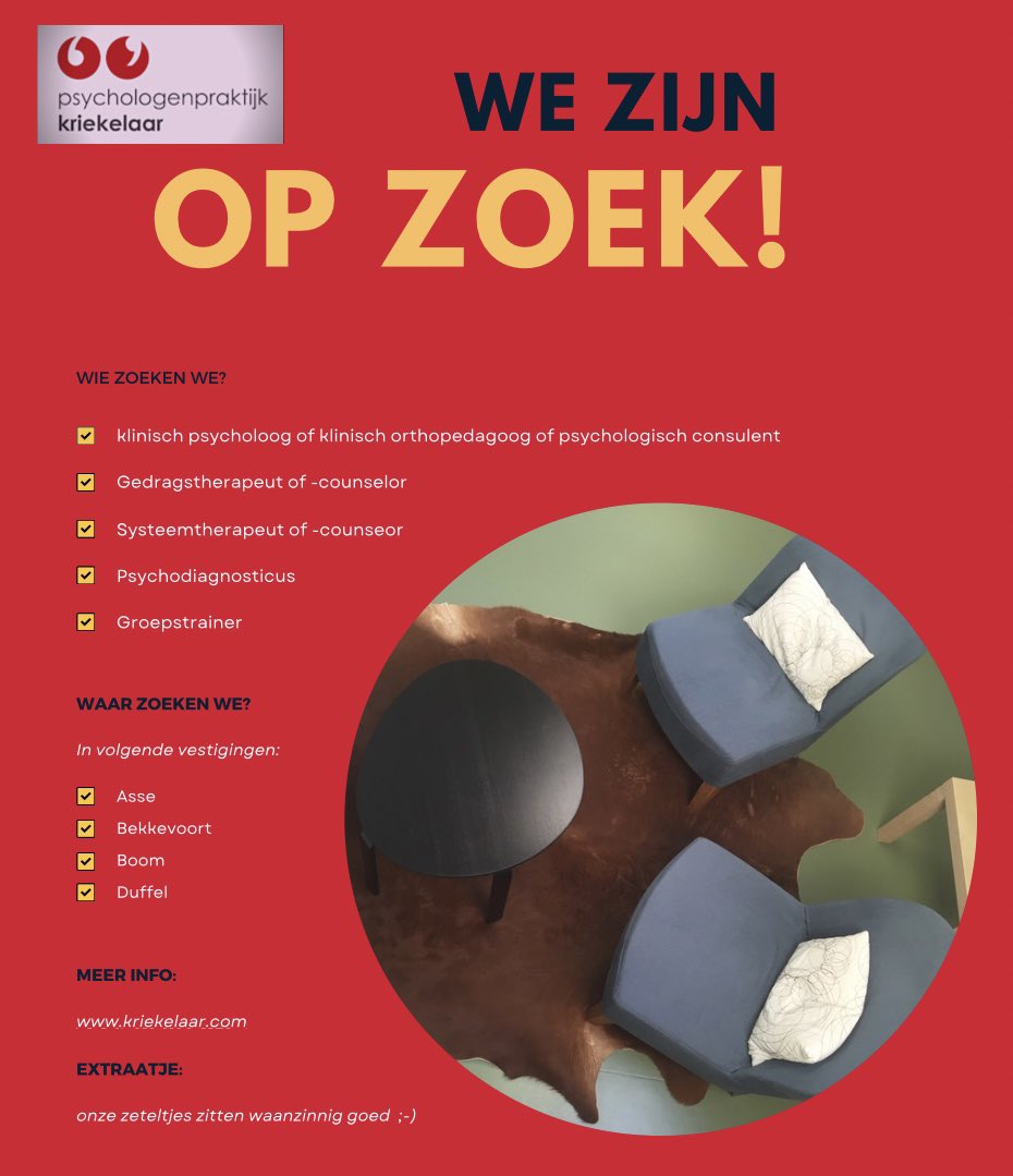 Kriekelaar zoekt in Asse, Bekkevoort, Boom &amp; Duffel die deel willen uitmaken van onze teamwerking waar samenwerking 🤝  - verbondenheid ✊- transparantie 👁 - laagdrempeligheid 👣 - autonomie 💪 - persoonlijke groei 🧠 - ... centraal staat.

Meer info: kriekelaar.com/professioneel/…