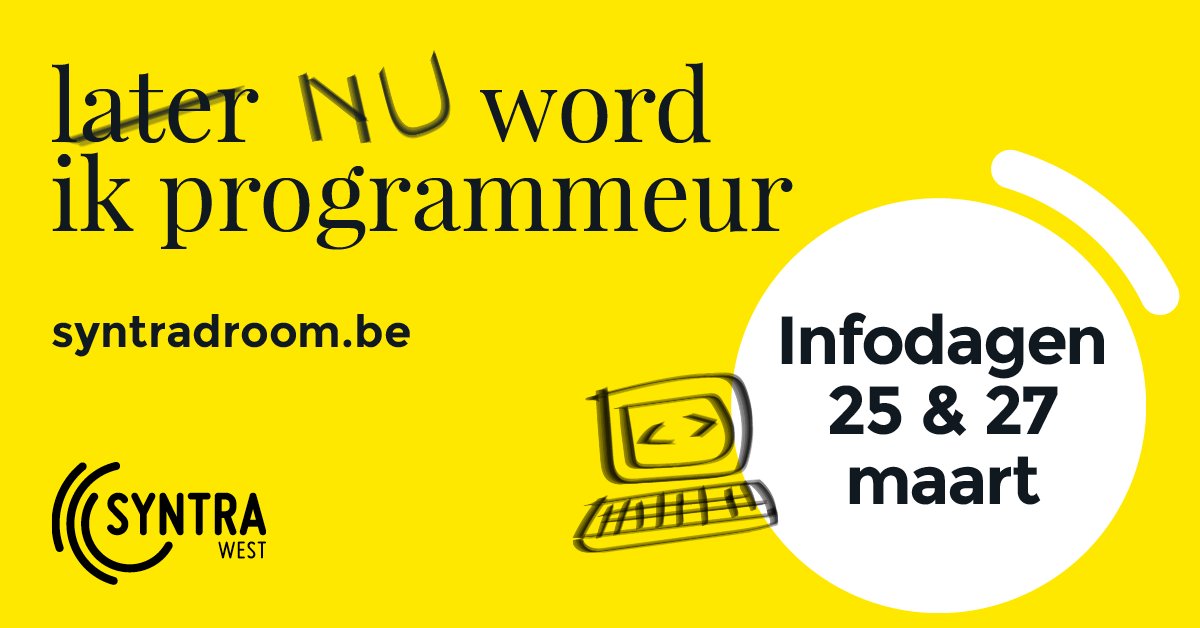 SyntraWest's tweet photo. 🤩Maak werk van je droom! Spring binnen tijdens de #infodagen en schrijf in voor een infomoment. Je komt liever gewoon langs? Welkom op de #SyntraWest campus waar jouw droomopleiding wordt aangeboden! 👉https://t.co/PcQIk0BwVe🎯
#syntradroom #LerenDurvenDoen #sterkondernemen https://t.co/o7qowLRavD