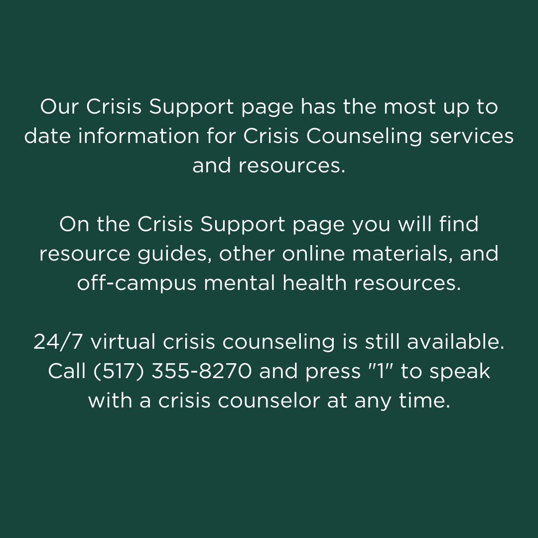 HealthySpartans's tweet photo. Crisis counseling locations for February 17 include Olin health center and Uwill virtual crisis support. Additional resources are available at the link in our bio. We will continue to share resources from our on-campus partners throughout the day.  #SpartanStrong 💚 https://t.co/R8ske0TZBy