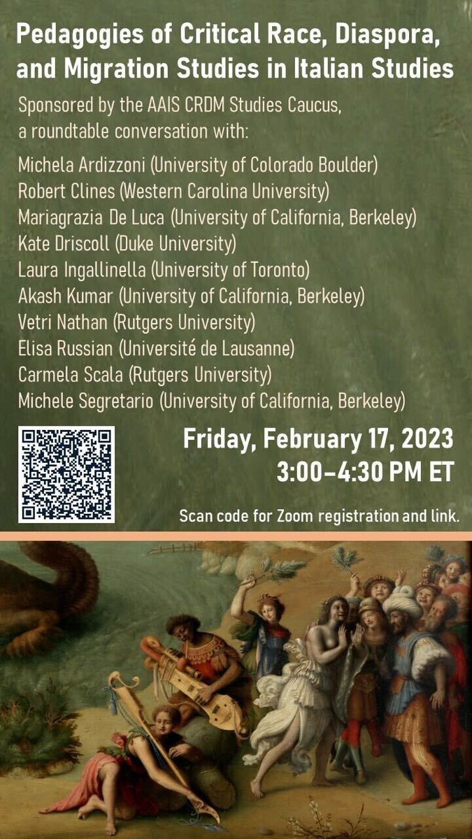 #AAIS Event today!

Pedagogies of Critical Race, Diaspora, and Migration Studies in Italian Studies

Sponsor: AAIS Critical Race, Diasporas, and Migrations Studies Caucus (CRDM)

Come and join us today, Friday, February 17, 3:00-4:30pm
🔶 link: duke.zoom.us/meeting/regist…

<a href="/laniho/">Nico Marini-Maio</a>