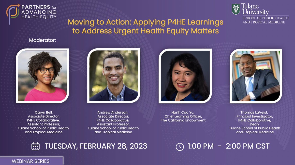 Partners4he's tweet image. Join us as we set the stage for 2023 with a discussion of current issues impacting the efforts to improve health equity and the urgent need for approaches to mitigating threats to social justice. Register here: bit.ly/3E7QJ2M

@TulaneSPHTM