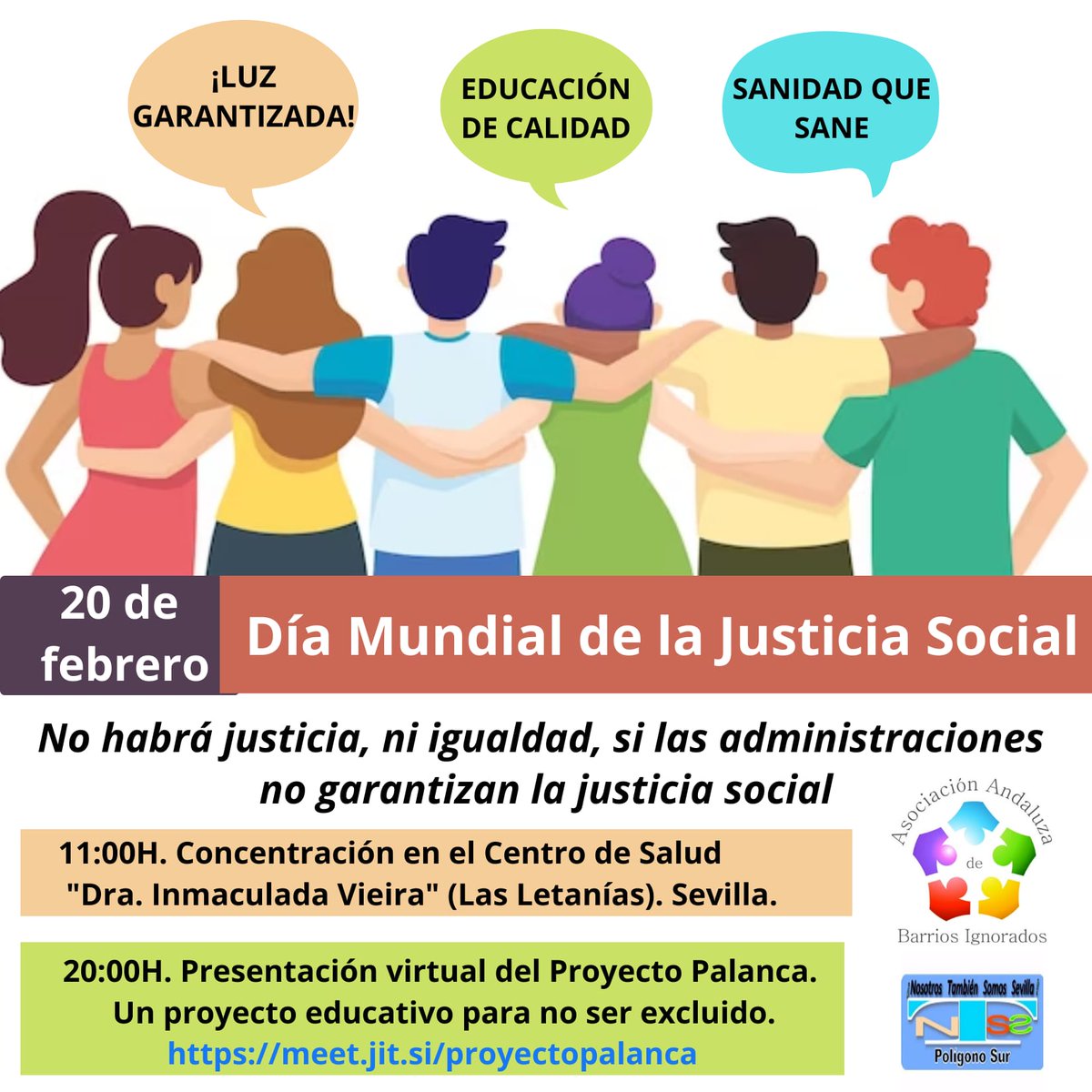 📢 El próximo lunes en el marco del Día Mundial de la Justicia Social, salimos de nuevo a la calle para reivindicar tres aspectos muy concretos que se dan como garantizados en nuestra sociedad (luz, educación y sanidad), pero la realidad nos demuestra que no es así.¡Te esperamos!