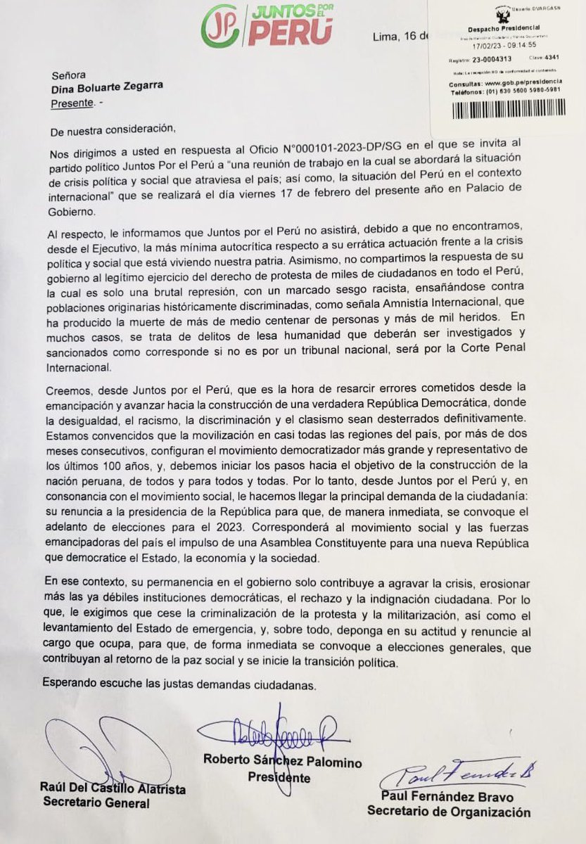 JUNTOS POR EL PERÚ NO ASISTIRÁ A REUNIÓN CON DINA BOLUARTE

El partido Juntos por el Perú (JP) hace de conocimiento público que no participará de reunión con Dina Boluarte, asimismo informa que presentó una carta, a través de mesa de partes, con las demandas de la ciudadanía.
