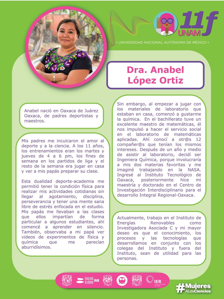 ierunam's tweet photo. ¡Conoce a las #MujeresEnLaCiencia 🥼👩🏻 del #IER!

Una iniciativa de las Personas Orientadoras Comunitarias #POCs del #IER, @FIUNAM_MX, @fciencias y @quimica_unam en el marco del #11F.

Ella es la Dra. Anabel López Ortiz, experta en #SecadoSolar 💟 https://t.co/i6zQtVc3yx