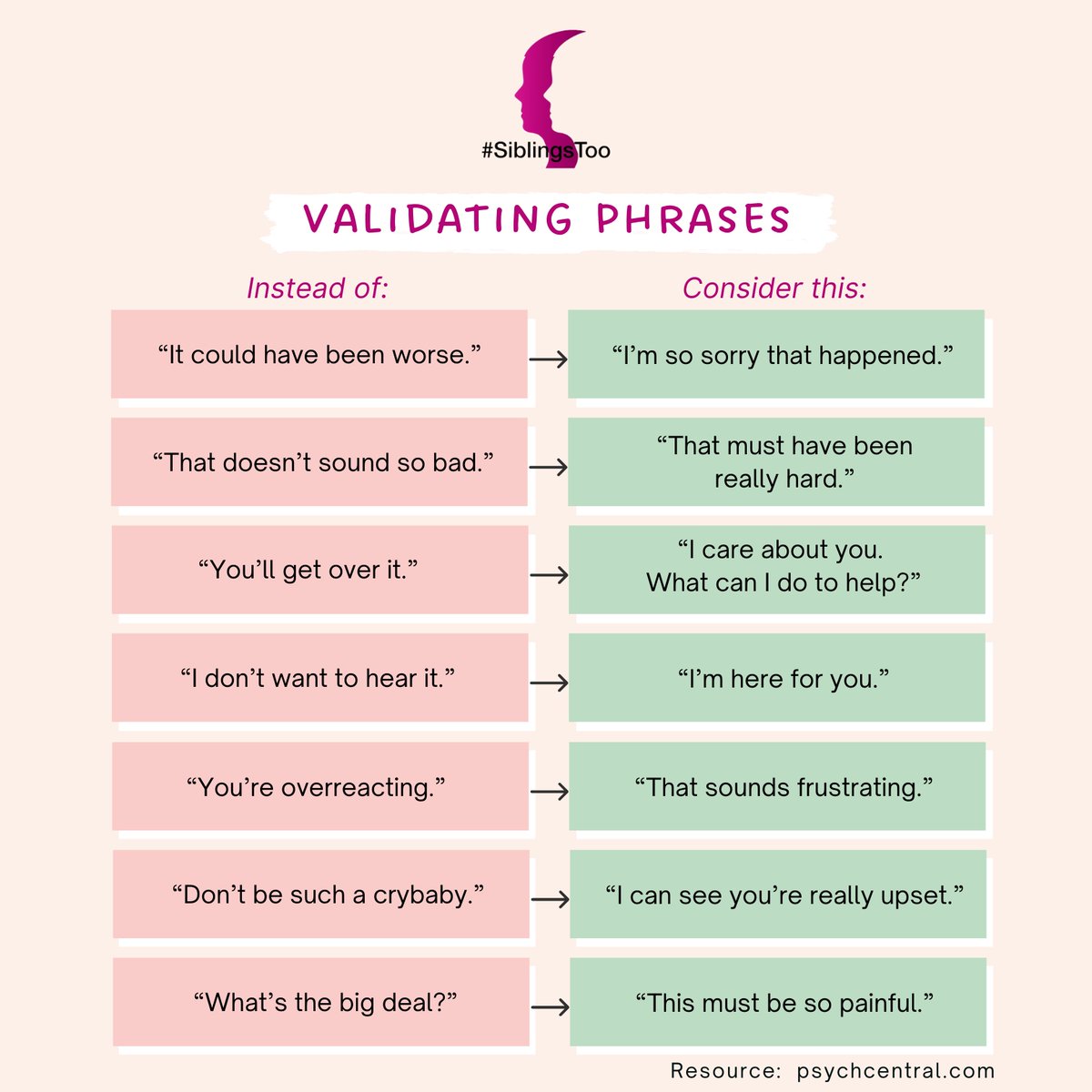 Relationships can be complex, but paying attention to the language used in conversations can improve them.

Becoming mindful of invalidating behaviors and statements can lead to better relationships with others and improved self-awareness.

#SiblingsToo #notchildsplay #SSA