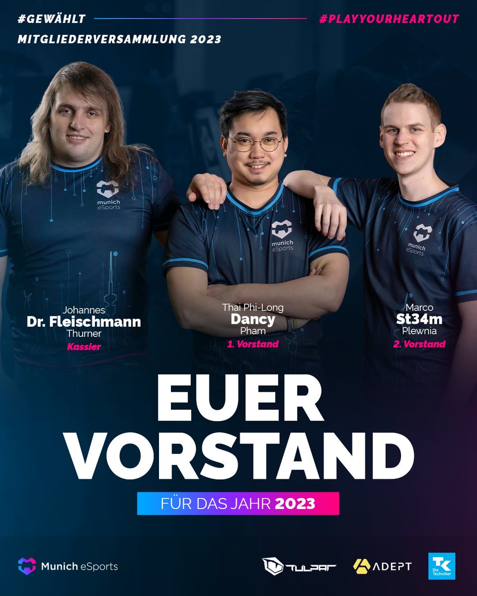 🗳️Munich eSports hat gewählt🗳️

Und heraus gekommen sind diese 3 Buam, die auch in diesem Jahr den Verein als Vorstand repräsentieren werden.

Vielen Dank an alle, die bei der MV dabei waren, gewählt und mitdiskutiert haben. Wir blicken gespannt auf 2023.💙💜❤️

#PlayYourHeartOut