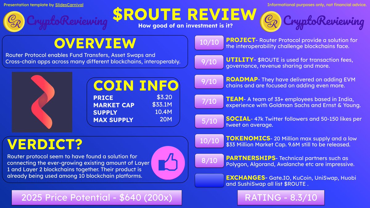 🚨Crypto Review - $ROUTE 🚨 $ROUTE - Rating 8.3/10 2025 Price Potential -  $640 (200x) An overview of: Project, Utility, Roadmap, Team, Community,  Tokenomics, Partnerships and Exchanges.🧵👇 👇Check out the Full Review