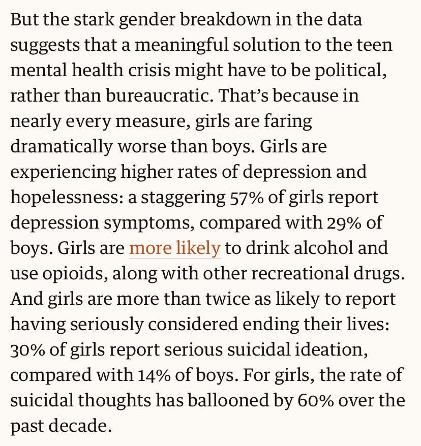 But teen girls’ mental health crisis is caused by political conditions—rampant sexual violence—and so it will require a political solution, not just a bureaucratic one. theguardian.com/commentisfree/…