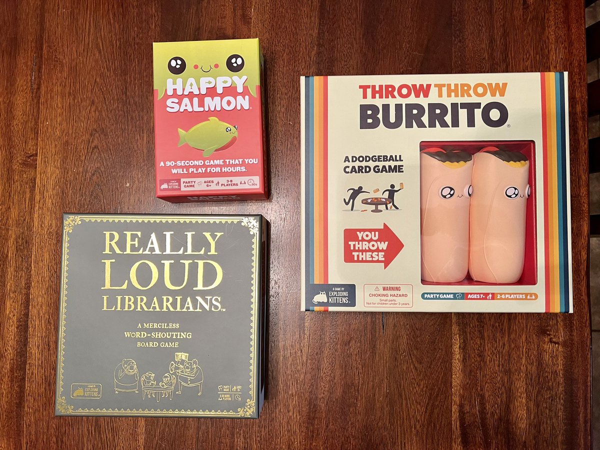 TicTacTracy's tweet photo. Thanks @tryazon and @gameofkittens we got to try 3 super fun party games called Really Loud Librarians, Throw Throw Burrito &amp; Happy Salmon! use coupon code: LIBRARIANSPARTY for Buy 1, Get 1 50% off
 #ReallyLoudLibrarians #ThrowThrowBurrito #HappySalmon #ExplodingKittens #Tryazon https://t.co/JRToEaErWD