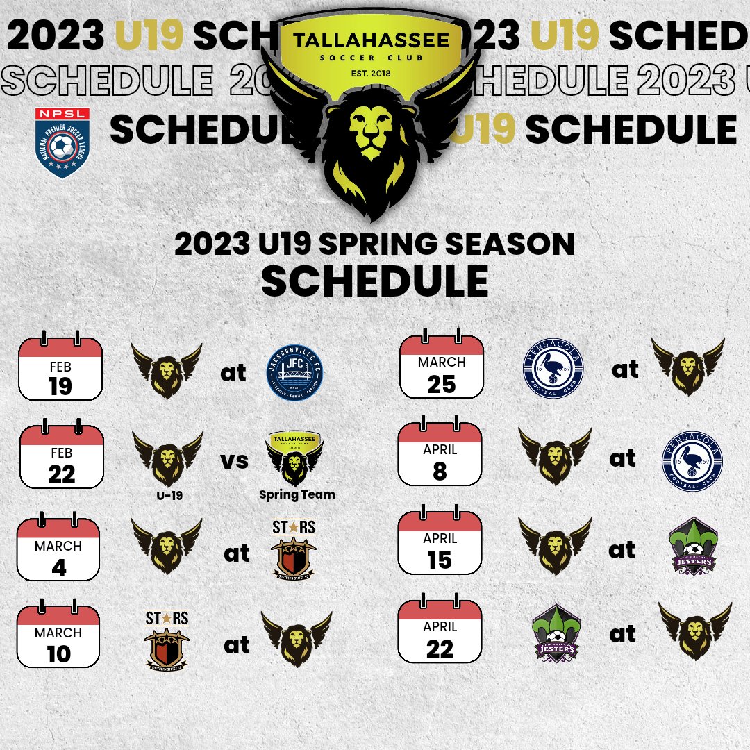 TLHSoccerClub's tweet photo. We're excited about the U19 spring schedule and the opportunities for growth and development for our young athletes. #ToTheGoal ⚔️🦁 https://t.co/rO9Em9Mn6d