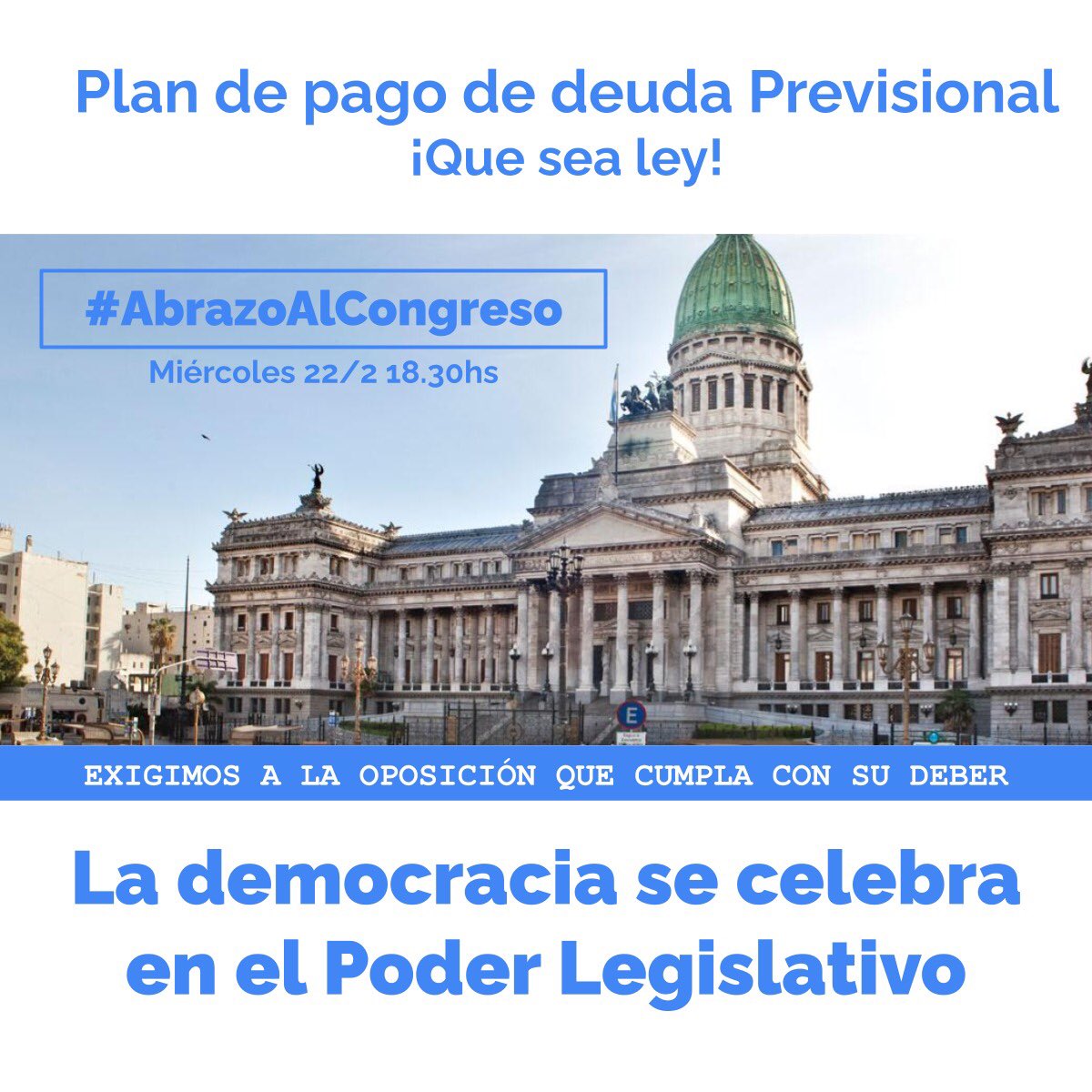 Peronismociudad's tweet photo. #AbrazoAlCongreso | Luego de la Audiencia Pública seguiremos en las calles y abrazaremos el Congreso.

La Ley de pago de la Deuda Previsional debe ser ley. 

¡Las diputadas y diputados deben cumplir con su responsabilidad y trabaje a favor del pueblo! 

🗓Miércoles 22
⏰18.30hs https://t.co/YzcgFE0Vv5