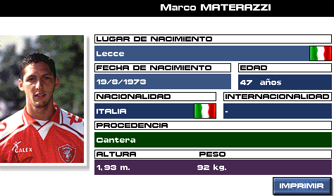 pcfutbol's tweet photo. 📸 Ficha de Marco Materazzi ��🇹 en PC Calcio 5.0 🕹️ donde formaba parte del @ACPerugiaCalcio. https://t.co/nBLKXDJqIT