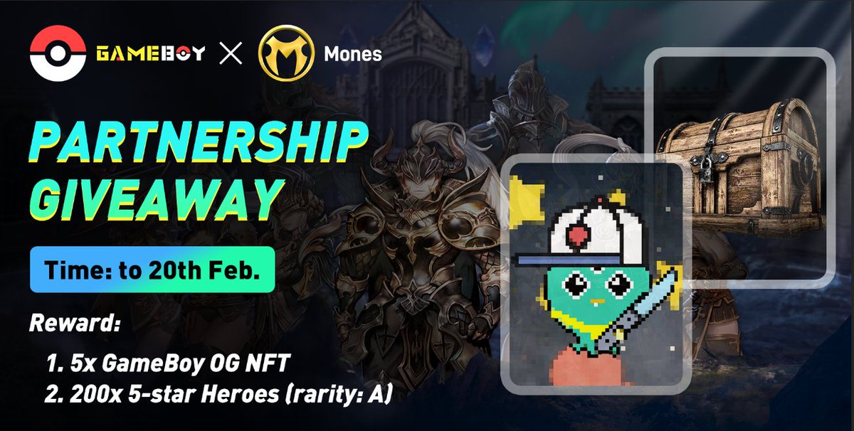 GameBoyNFTs's tweet photo. 🔥@GameBoyNFTs ⚔️ @MonesNFTs: Collecting heroes/Join guilds/ Fight in battles / Ranked in PvP Arena

🔥Co-brand NFT WL Giveaway ⏰To 20th Feb

🎁Rewards：
1⃣@GameBoyNFTs - 5x OG Octupos NFT
2⃣@MonesNFTs 200x 5-Star-Heroes (Rarity: A) 

👇Enter for rewards:
https://t.co/z8gLWdwEc2 https://t.co/tceCqU0DPA