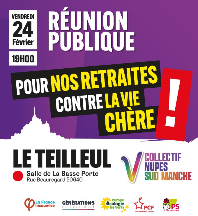 FrontPop5002's tweet image. POUR NOS RETRAITES, CONTRE LA VIE CHERE ! On vous attend nombreux à cette réunion publique en compagnie de toute la NUPES du sud Manche ! On compte sur vous, la lutte continue ! 👊 #Nupes #Avranches #Mortain #ReformesDesRetraites