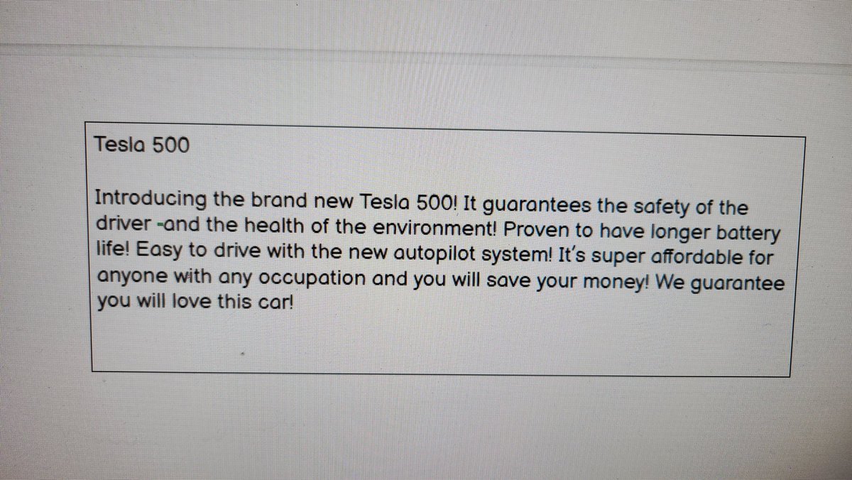 Working towards filming our commercials! We worked on using persuasive words and phrases, camera angles, advertising techniques, and more! These huge projects allow for so much creativity and exploration and of media. Here are some text samples that made me giggle.