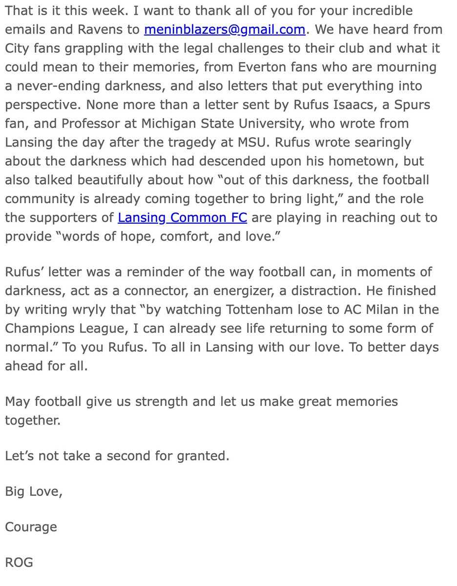 MenInBlazers's tweet image. To all at @michiganstateu and in Lansing. With our love. To better days ahead for all. ❤️❤️❤️

From this week's Raven Newsletter. 📰📰📰