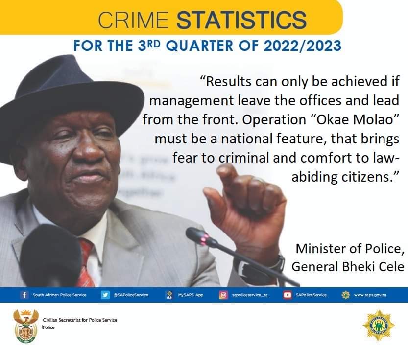 'Operation' Okae Molao' must be a national feature, that brings fear to criminals and comfort to law abiding citizens, 'said SAPS Minister Bheki Cele. #PartnershipPolicing #SaferCommunities