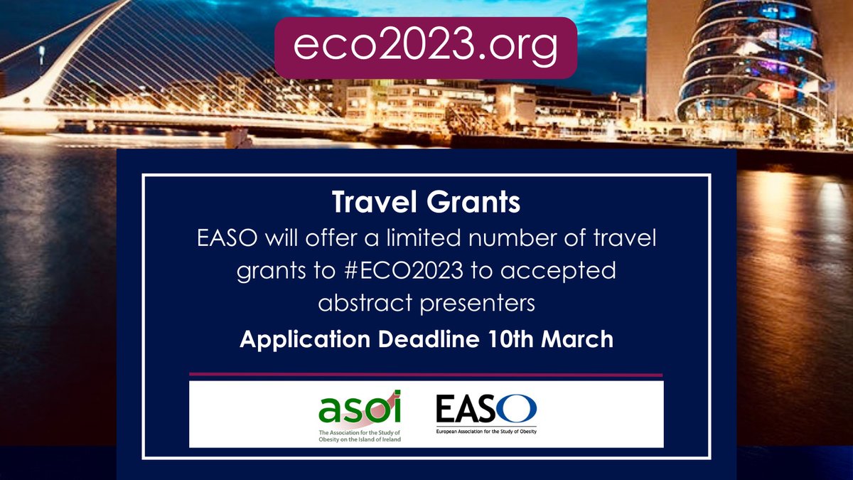Applications are open for <a href="/EASOobesity/">EASO</a> Travel Grants for abstract presenters at #ECO2023

Each grant includes complimentary registration plus €500 towards travel and accommodation.  

Application Deadline 10 March

easo.org/about-easo/eas…

#obesity