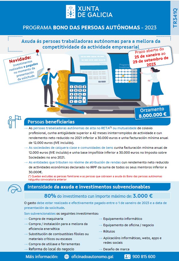 aecocoruna's tweet photo. PROGRAMA BONO DAS PERSOAS AUTÓNOMAS 2023-TR341Q
O obxectivo de este programa é mellorar a competitividade da actividade empresarial ás persoas autónomas, subvencionando o 80% do investimento de material necesario ligado a dita actividade.🧰🔧🔬 https://t.co/rmnT9v6Csp