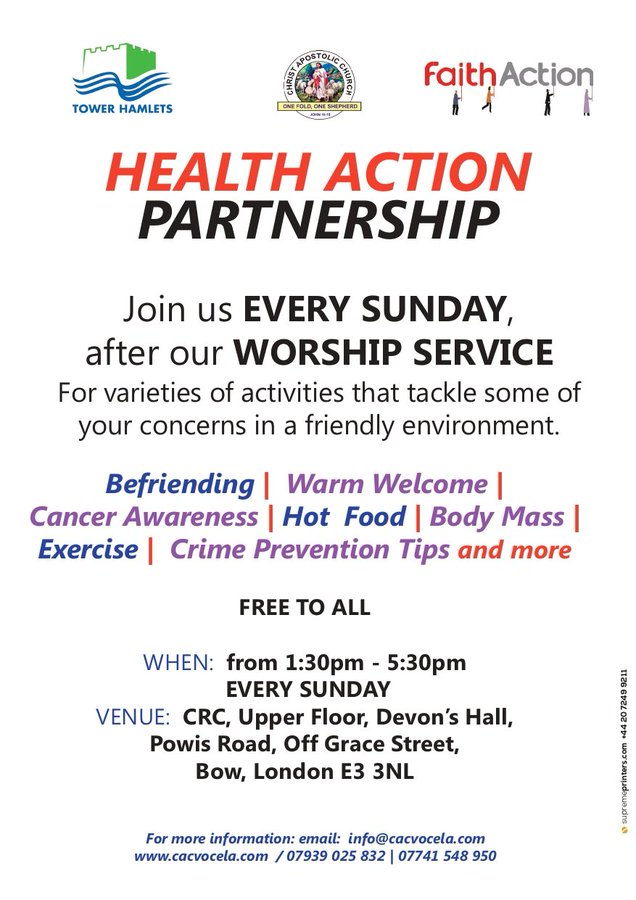 Join @Olanipej every Sunday for health awareness topics, food, and an opportunity to have your weight and blood pressure measured for free. Another one of our amazing community health projects funded by @TowerHamletsNow #faithinpartnership