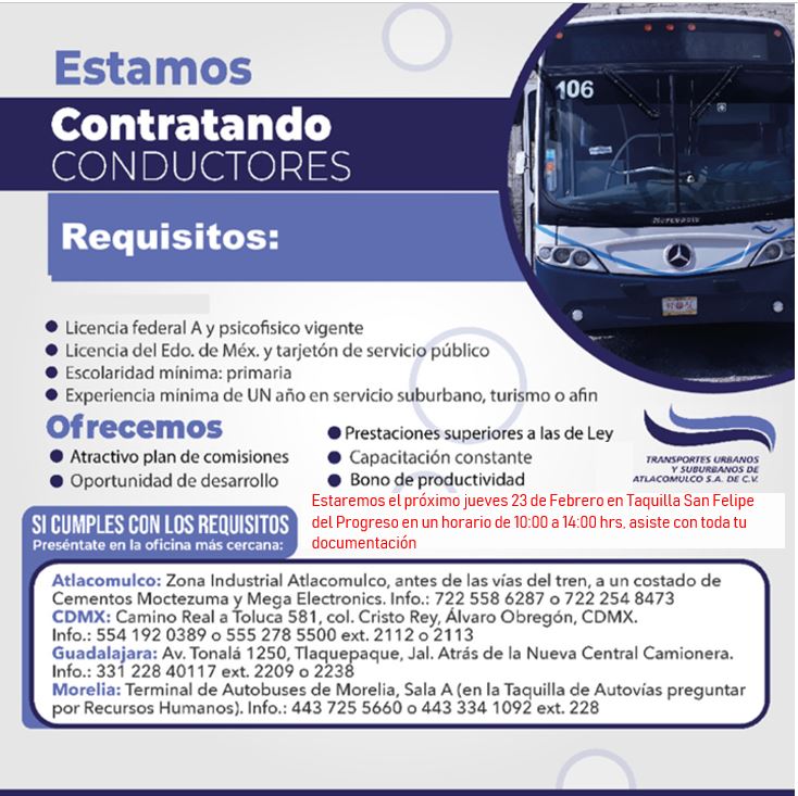 de_gho's tweet photo. 😎💯Importante empresa de Autotransporte te invita a formar parte de nuestro equipo GRAN RECLUTAMIENTO MASIVO Jueves 23 de Febrero en San Felipe del Progreso Edo. México ‼️👌
Interesados presentarse:
Con solicitud elaborada en Taquillas de San Felipe del Progreso https://t.co/eB73Mmoizh
