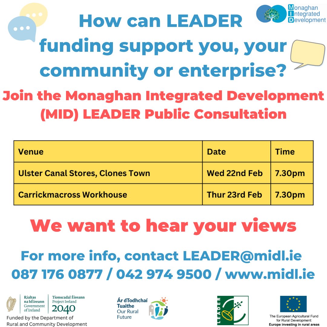 Thanks to those that have contributed to the #LEADER Public Consultations so far🌱💬💭🗯 We're at the below @ 7.30pm each eve 📍Ulster Canal Stores #Clones Visitor Centre on Wed 22nd Feb 📍#Carrickmacross Workhouse on Thurs 23rd Feb