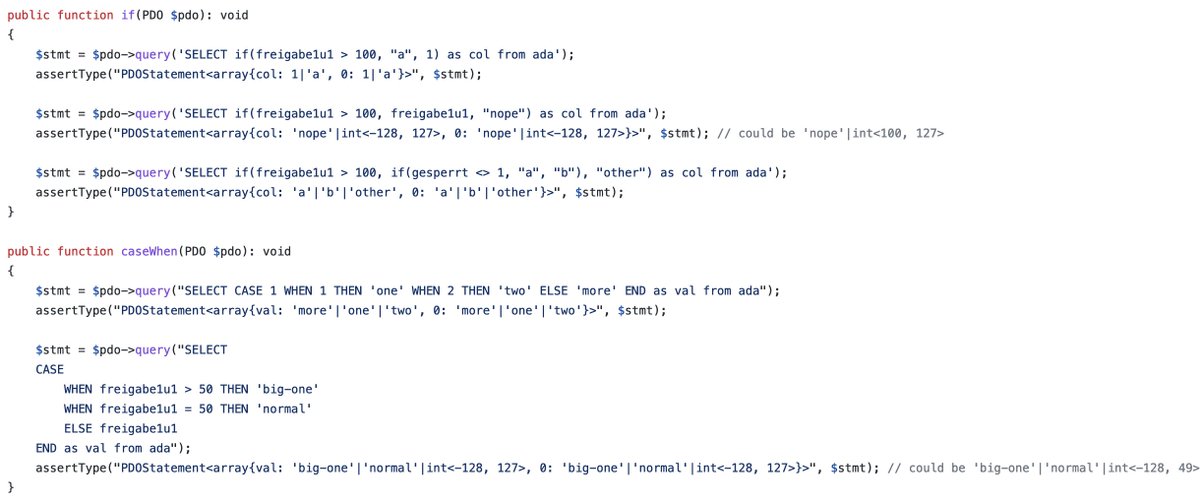 markusstaab's tweet photo. just released the next #phpstandba release.
opt-in sql ast based type inference is getting serious.
we support all control flow functions. also a lot of often used ones. based on #sqlftw
overview: https://t.co/6CzsYksnAF
//cc @paranoiq https://t.co/tp1JWtyJ4B