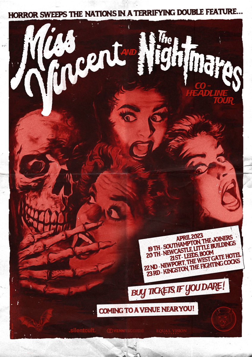 missvincentband's tweet image. This April, horror sweeps the nations as Miss Vincent &amp;amp; @THENIGHTMARESUK bring you a terrifying co-headline tour!

19th - Southampton
20th - Newcastle
21st -  Leeds
22nd - Newport
23rd - Kingston

Buy tickets if you dare… 💀

🎟️ missvincent.co.uk/pages/tickets