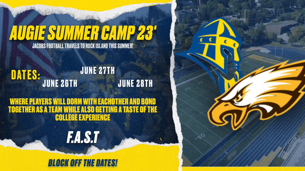 HDJacobsFBall's tweet photo. Excited to start a new tradition this summer at @AugieILfootball for our 3 day summer camp. Also excited to pair up with @Moline_Football for a joint practice while we are there.  🦅🏈
@HDJ_Athletics https://t.co/9Bea8u0Fny