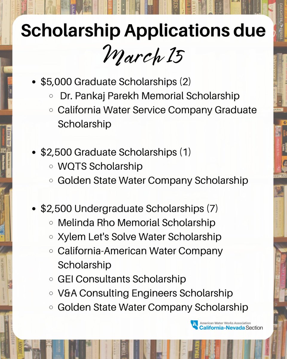 CANVAWWA's tweet photo. The section gives out 10 scholarships to Graduate and Undergraduate students. 

The deadline for applying is in one month, March 15th! 

For more information: https://t.co/5PTpNLhyrx

#CANVAWWA #WaterScholarship https://t.co/CtvPCN14BG